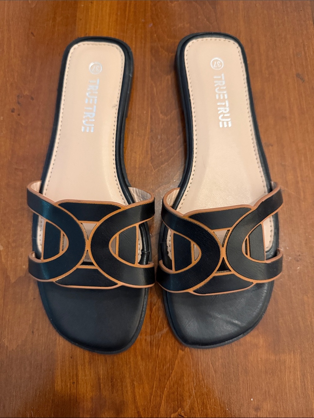 Black Slide Sandals with Tan Trim